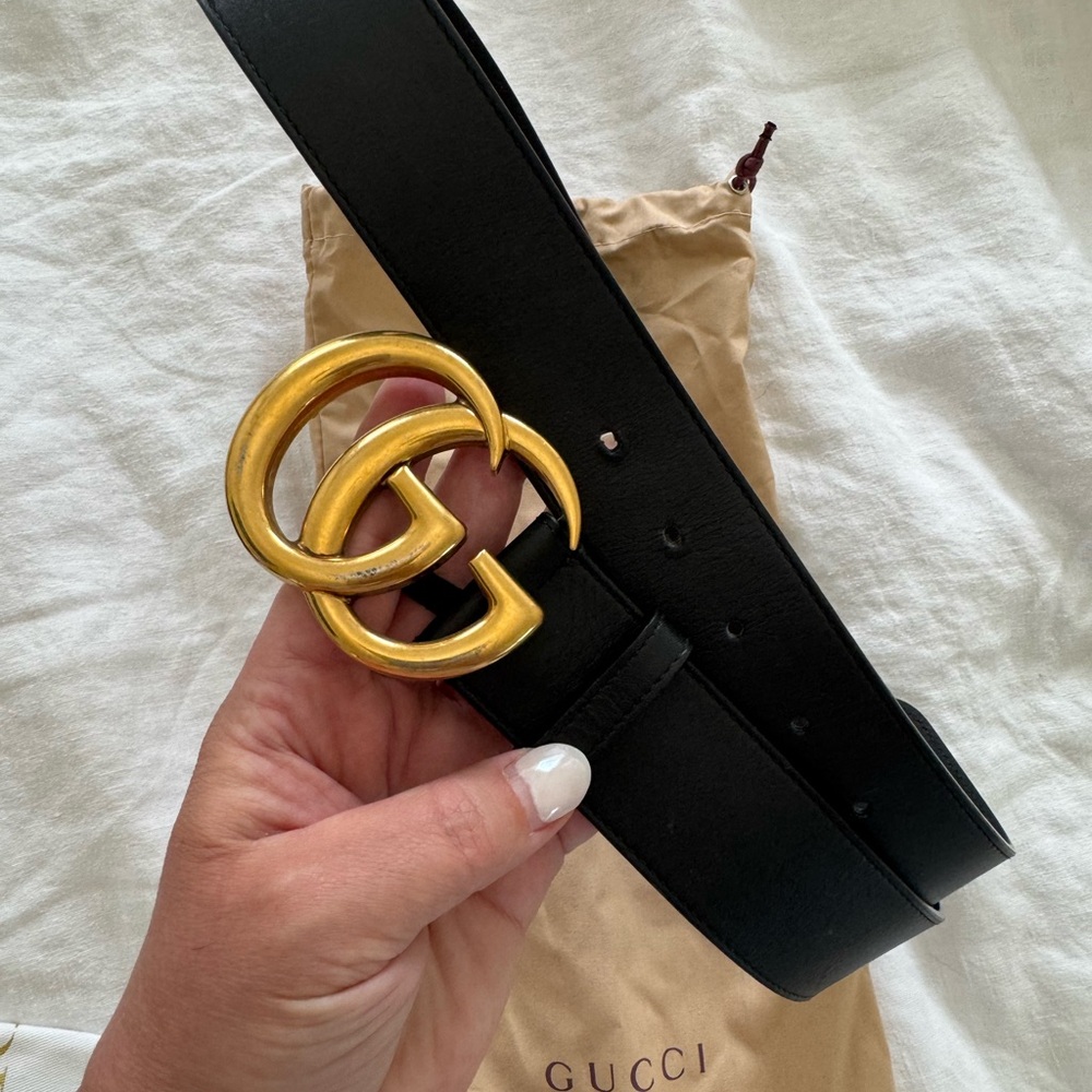 Gucci Black and Gold Marmont Belt with Iconic GG Buckle